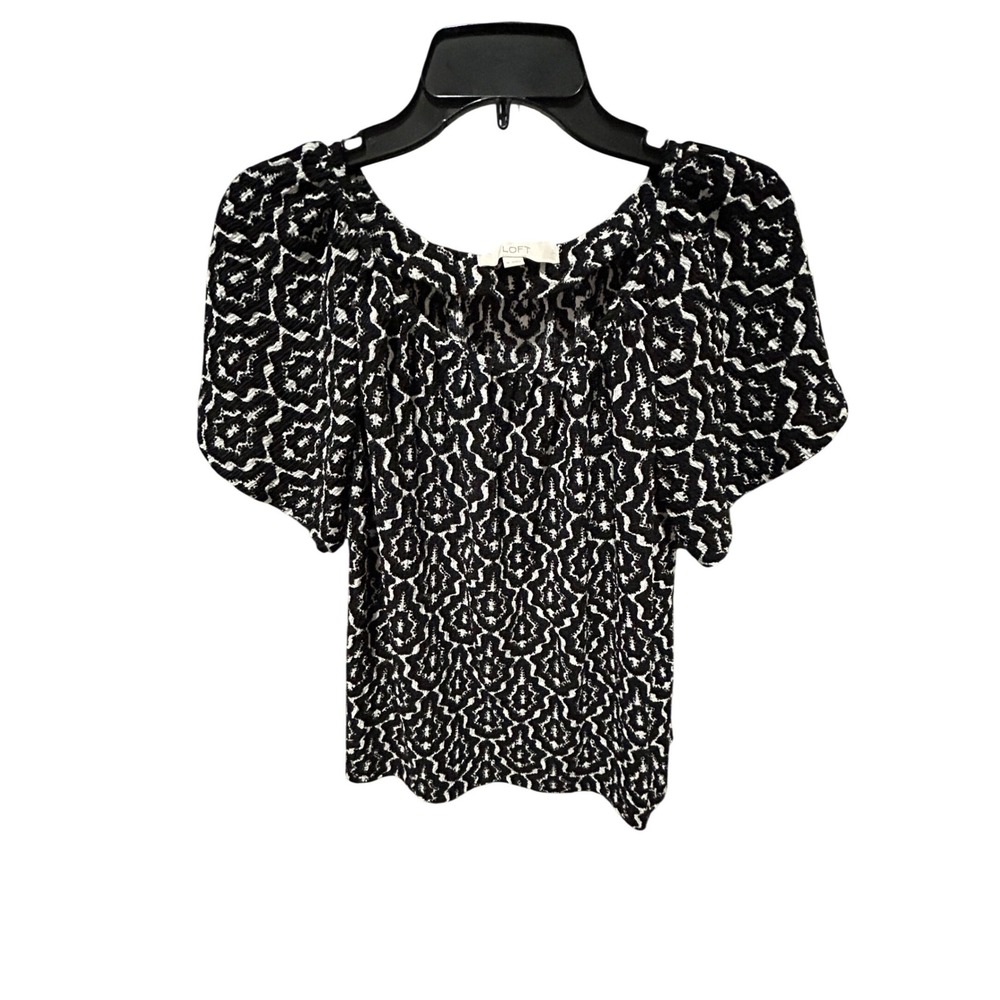Loft Womens Black White Geometric Ikat Print Puff Sleeve Blouse Top Medium